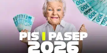 Uma mulher idosa sorridente segurando vários leques de notas de 100 reais. À frente dela, o texto em destaque diz "PIS | PASEP 2026". O fundo é lilás claro.