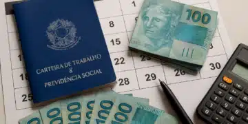 Carteira de trabalho azul, notas de 100 reais, calculadora, caneta preta e calendário de maio de 2026 sobre mesa clara