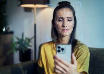 Mulher utilizando celular com reconhecimento facial para acessar conta gov.br