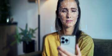 Mulher utilizando celular com reconhecimento facial para acessar conta gov.br