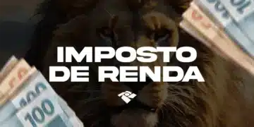Leão da Receita Federal com cédulas de R$ 100 e texto "Imposto de Renda" em destaque