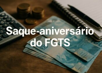 Notas de reais, calculadora, moedas e caderno sobre mesa com texto Saque-aniversário do FGTS — quem pode retirar o dinheiro em abril 2026
