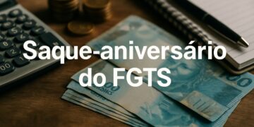 Notas de reais, calculadora, moedas e caderno sobre mesa com texto Saque-aniversário do FGTS — quem pode retirar o dinheiro em abril 2026