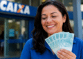 Mulher de blusa azul sorri segurando um leque de notas de R$ 100 em frente a uma agência da Caixa