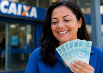 Mulher de blusa azul sorri segurando um leque de notas de R$ 100 em frente a uma agência da Caixa