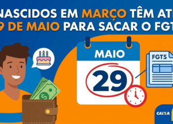 Ilustração mostra trabalhador sorridente com carteira e dinheiro, calendário marcando 29 de maio e documento do FGTS com logos da Caixa