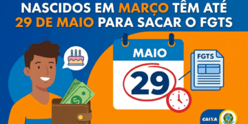 Ilustração mostra trabalhador sorridente com carteira e dinheiro, calendário marcando 29 de maio e documento do FGTS com logos da Caixa
