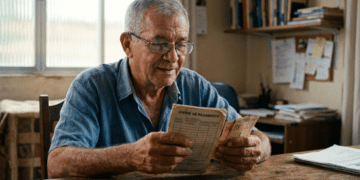 Idoso observa carnê de pagamento e cédulas de real