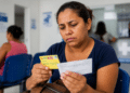 Mulher preocupada confere o cartão do Bolsa Família e um documento na sala de espera de um posto de saúde