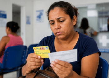 Mulher preocupada confere o cartão do Bolsa Família e um documento na sala de espera de um posto de saúde