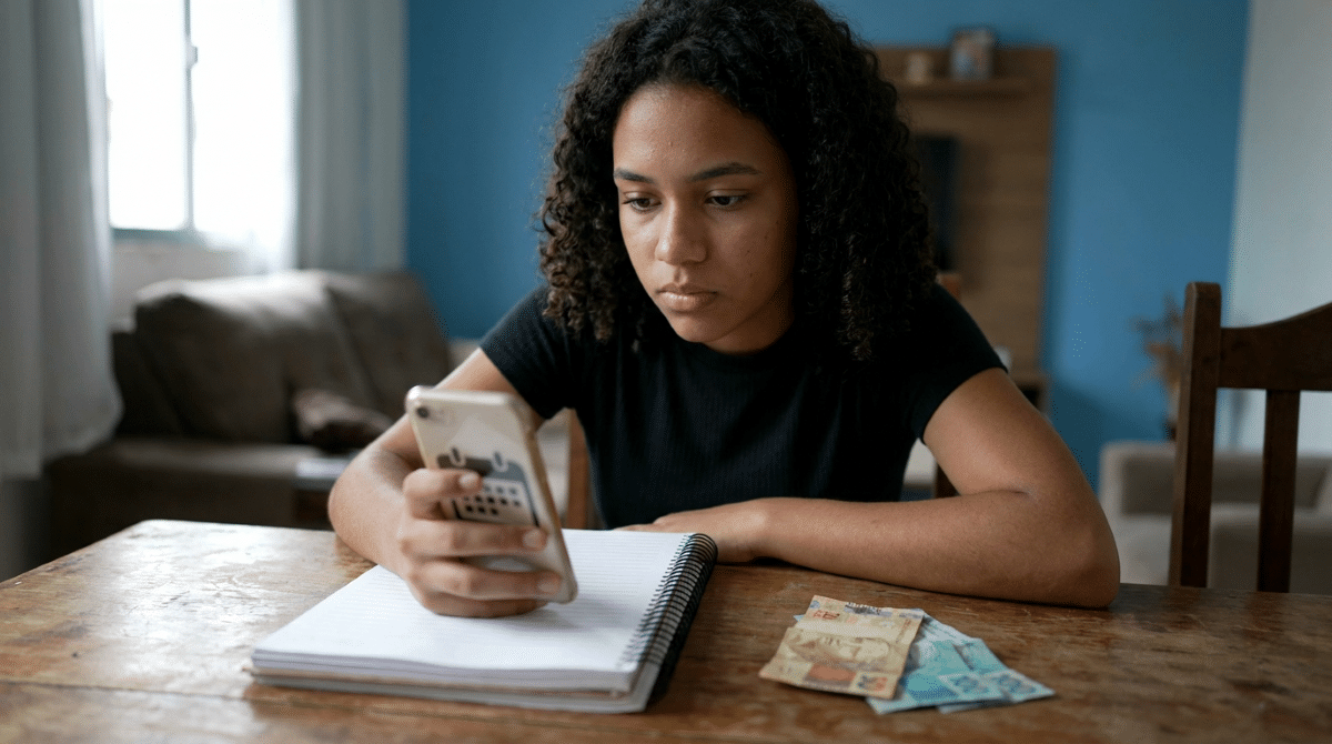 Jovem consulta o celular sentada a uma mesa com caderno e cédulas de dinheiro