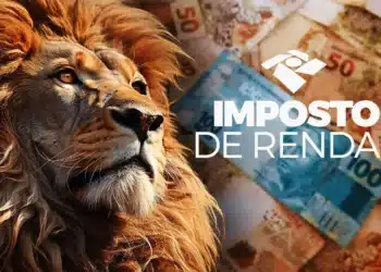 Leão do Imposto de Renda com notas de dinheiro ao fundo