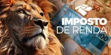 Leão do Imposto de Renda com notas de dinheiro ao fundo