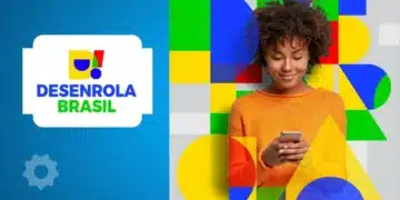 Mulher negra de blusa laranja usando celular com logo do Desenrola Brasil ao lado em fundo colorido.