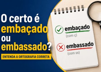 Caderno espiral mostrando "embaçado" com ç correto e "embassado" com ss incorreto, lupa ao lado