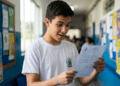 Estudante observa documento escolar em corredor da escola