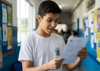 Estudante observa documento escolar em corredor da escola