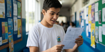 Estudante observa documento escolar em corredor da escola
