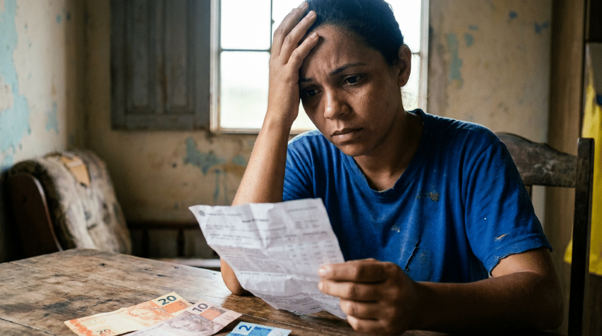 Mulher analisa um boleto com expressão de preocupação à mesa de casa, com cédulas de dinheiro ao lado