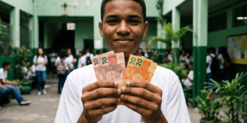 Estudante sorri segurando notas de real no pátio da escola e, ao redor, outros alunos circulam ao fundo