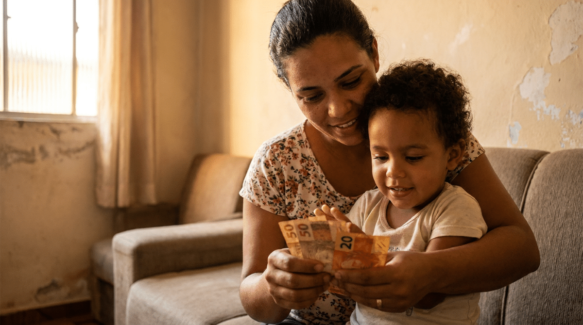 Como o valor de R$ 750 é composto pela família beneficiária da Caixa Mãe e filha conferem cédulas de real em casa