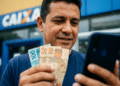 Homem confere cédulas de real e celular em frente à agência da Caixa