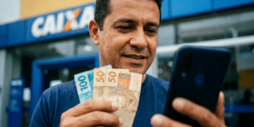Homem confere cédulas de real e celular em frente à agência da Caixa