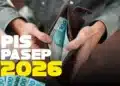 Pessoa segurando carteira com notas de dinheiro e o nome PIS PASEP 2026