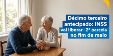 Casal de idosos sentados à mesa de madeira, sorrindo e de mãos dadas, com texto sobre 2ª parcela do 13º do INSS