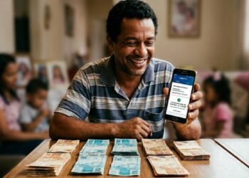 Homem sorrindo mostra aplicativo de benefício no celular com várias notas de dinheiro sobre a mesa