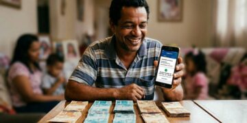 Homem sorrindo mostra aplicativo de benefício no celular com várias notas de dinheiro sobre a mesa