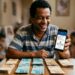 Homem sorrindo mostra aplicativo de benefício no celular com várias notas de dinheiro sobre a mesa