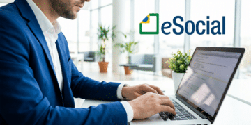 Empresário digitando em laptop com logo do eSocial em ambiente corporativo.