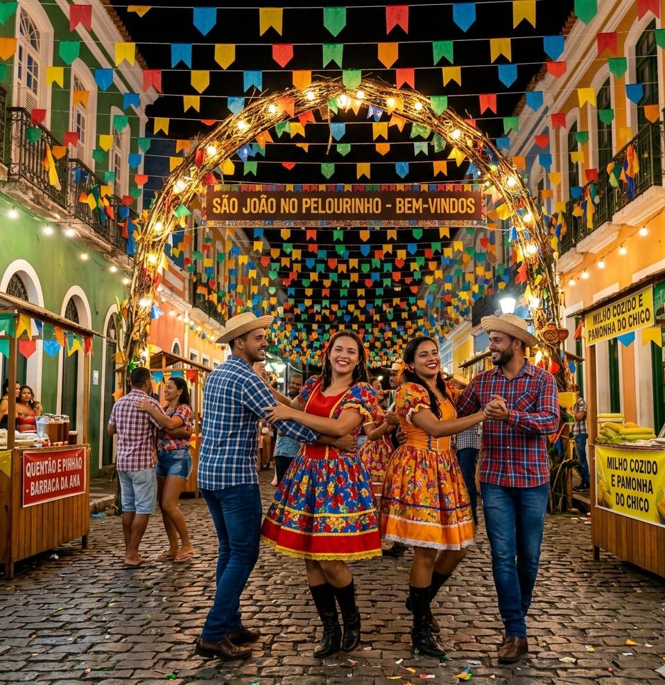 Dois casais vestidos a caráter dançam forró sob arco de luzes e bandeirolas coloridas no Pelourinho, Salvador