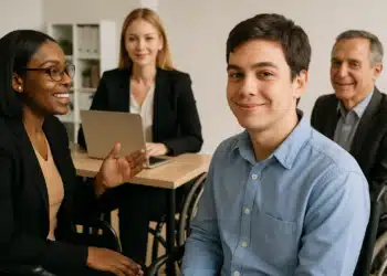 Equipe diversa em reunião de trabalho inclusiva com cadeiras de rodas