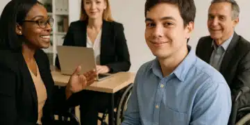 Equipe diversa em reunião de trabalho inclusiva com cadeiras de rodas