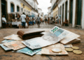 Carteira de couro marrom com cédulas de R$ 200, R$ 100 e R$ 50 e moedas de 1 real em rua colonial