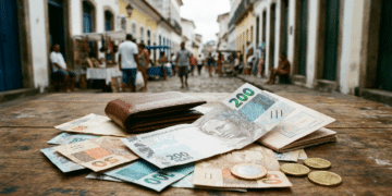 Carteira de couro marrom com cédulas de R$ 200, R$ 100 e R$ 50 e moedas de 1 real em rua colonial