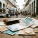Carteira de couro marrom com cédulas de R$ 200, R$ 100 e R$ 50 e moedas de 1 real em rua colonial