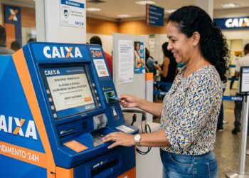 Mulher sorrindo usa caixa eletrônico da Caixa para sacar abono salarial em agência movimentada.