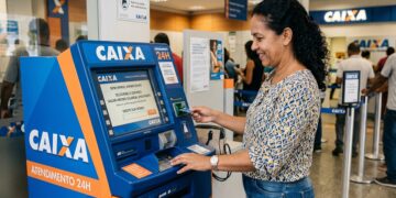 Mulher sorrindo usa caixa eletrônico da Caixa para sacar abono salarial em agência movimentada.