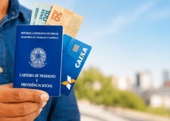Mão de pessoa segura carteira de trabalho, notas de reais e cartão Caixa Econômica