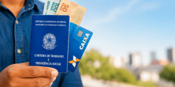 Mão de pessoa segura carteira de trabalho, notas de reais e cartão Caixa Econômica, simbolizando o pagamento do ressarcimento PIS/Pasep.