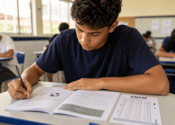 Jovem faz prova do ENEM, caderno mostra questão com bola de futebol e campo desenhado