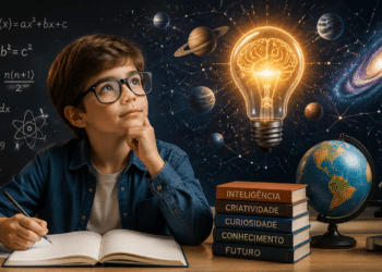 Menino de óculos escreve em caderno com livros empilhados, globo terrestre, microscópio e lâmpada com cérebro ao fundo