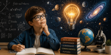 Menino de óculos escreve em caderno com livros empilhados, globo terrestre, microscópio e lâmpada com cérebro ao fundo