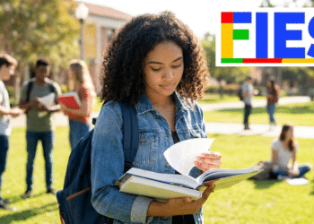 Estudante universitária com cabelos cacheados e jaqueta jeans lendo livro no campus, com logo do Fies ao lado