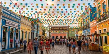 Pessoas com trajes típicos juninos caminham em rua de paralelepípedos sob centenas de bandeirolas coloridas