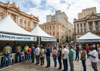Fila de pessoas aguardando atendimento em tendas brancas com faixas do Governo do Brasil na Rua na Praça da Alfândega