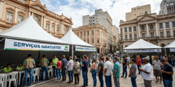 Fila de pessoas aguardando atendimento em tendas brancas com faixas do Governo do Brasil na Rua na Praça da Alfândega